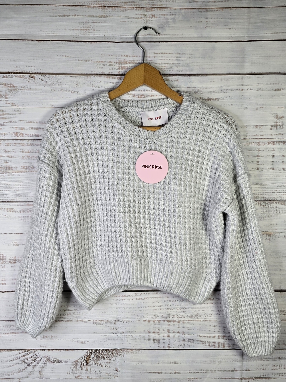 Pink Rose Light Gray Waffle Knit Crewneck Sweater